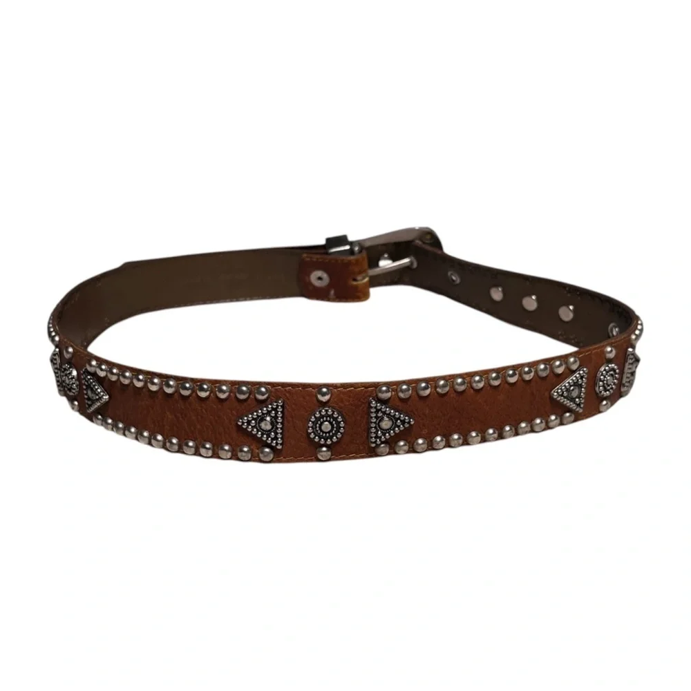 Jana Studded Embellished Brown Leather Belt Size XS Silvertone Western Rodeo